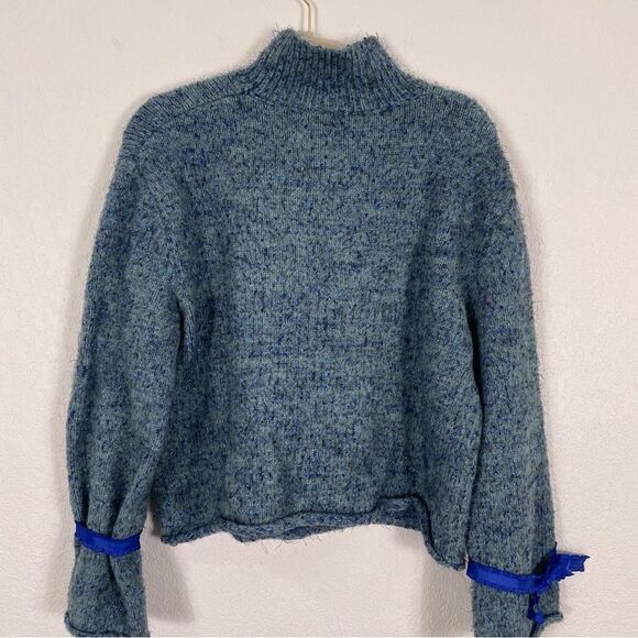 Moth | Anthropologie Blue with Blue Sparkle Mock Neck Sweater with Ribbon Ties - Picture 4 of 8